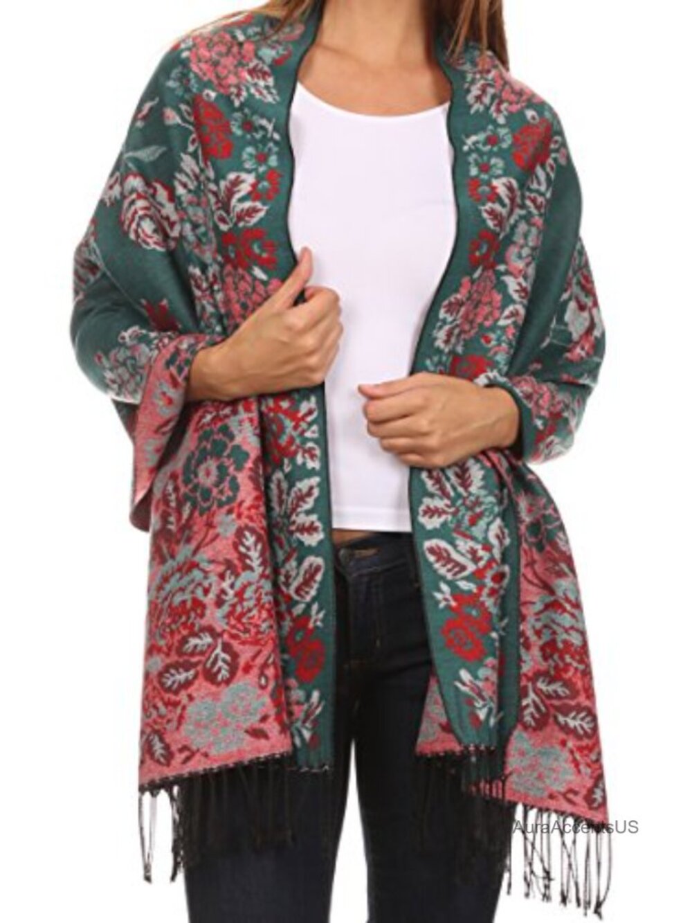 Floral Double Layer Pashmina Shawl Wrap with Fringe